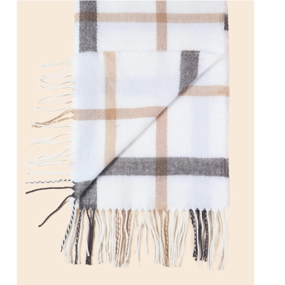 Plaid Knit Wide Scarf White Beige Tan Cream Grey Grid Checkered Tassel Fringe - Picture 7 of 9